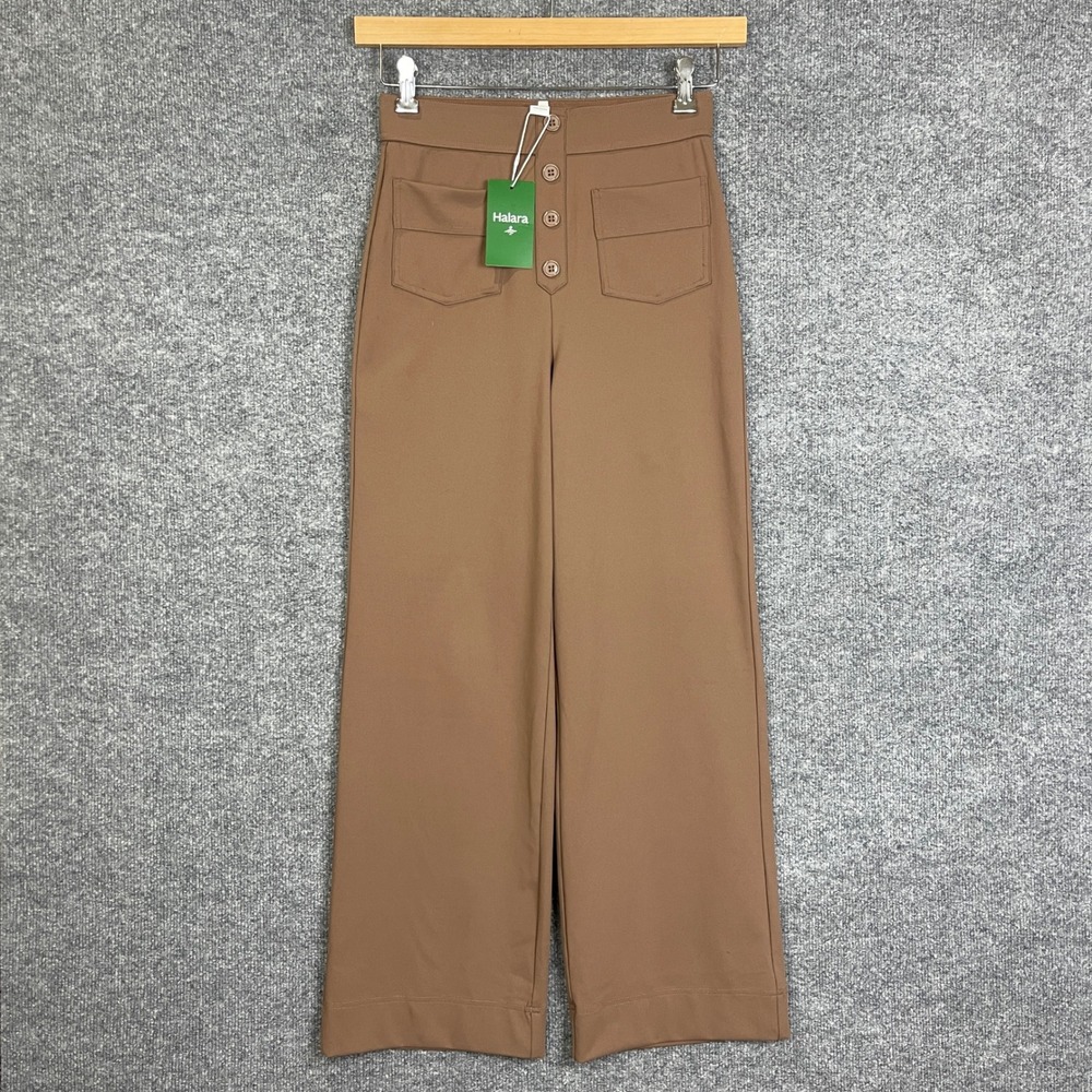 NEW Halara Wide Leg Pants S Petite Brown Button Front High Rise Pocket